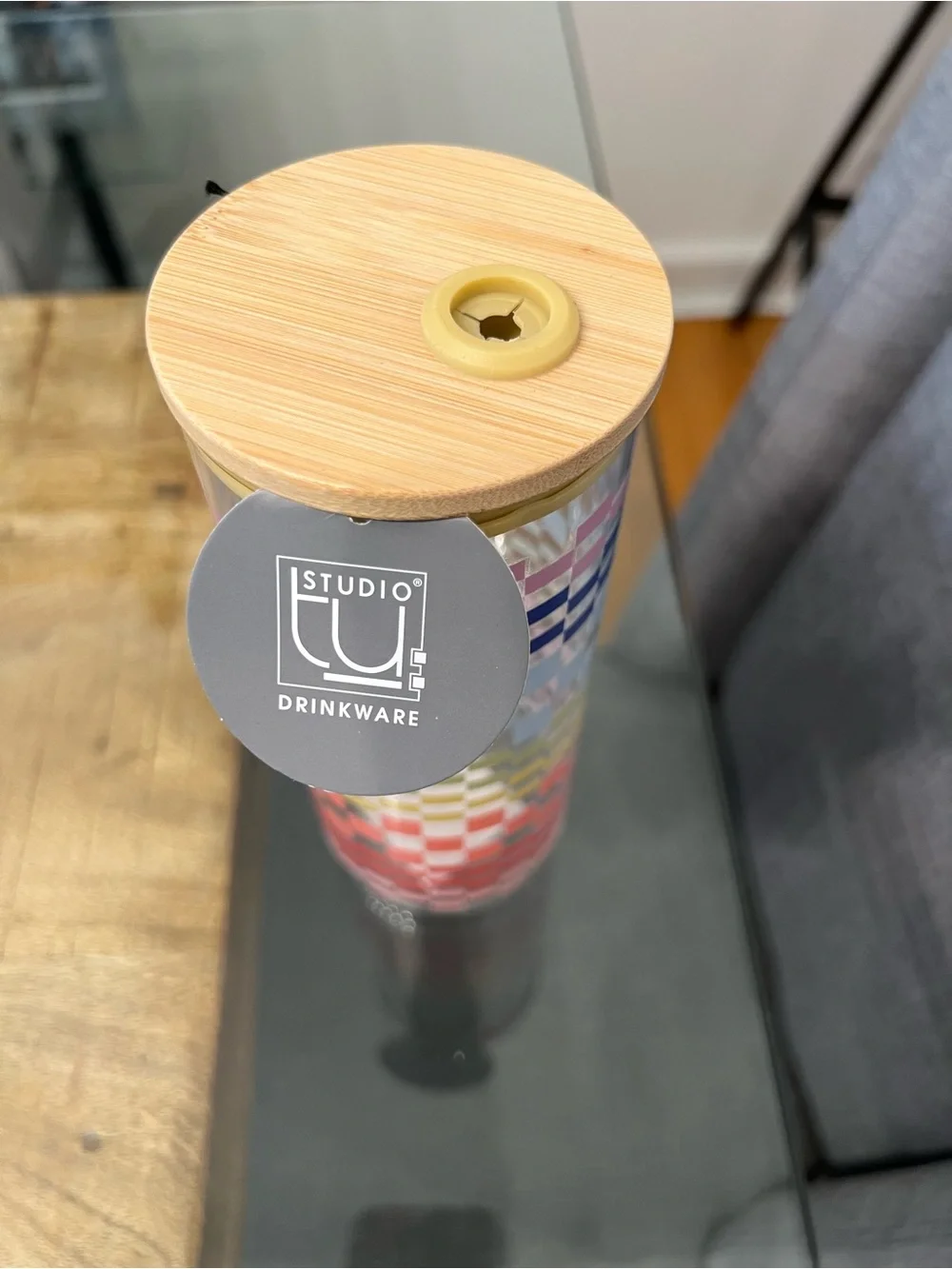 Studio Checkered Multicolor Glass Tumbler with Bamboo Lid